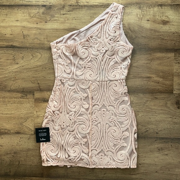 NWT Lulus Madina Blush Pink Sequin One-Shoulder Bodycon Mini Dress - Picture 9 of 16